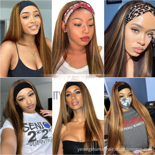 Cheap Raw Indian Virgin Human Hair Wigs Bulk Highlight  Headband Hair Wig 180% Density Human Hair Brown Straight Headband Wig